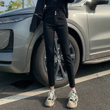 Fongt Female Autumn 2024 New Korean Version Slim Show Thin High Waist Two Buckle Elastic Small Feet Pencil Pants Tide-Outfit