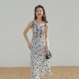 Round Collar Full Regular Sleeve Dress waist Mid-Calf Floral Dress Office Lady Suspender Skirt Spring Long