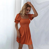 Women Summer Solid Color A-Line Dress Shrinkage Design Ruffles Decor Square Collar Butterfly Sleeve High Waist Slim Mini