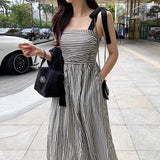 Chic Summer Niche Temperament Square Collar Dew Collarbone Color Stripe Waist Show Thin Halter Dress Dress-Outfit