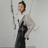 Patchwork Lace Up Bowknot Jacket For Women Lapel Long Sleeve Short Tops Female Fashion New Clothing 2020