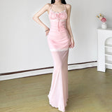 Fongt Chinese Chinese Light Green Shoulder Butterfly Print Fishtail Sling Skirt Sexy Hip Through Mesh Dress