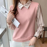 Lady Printed Knitted Patchwork Shirt Fake Two Pieces Spring Autumn Turn-down Collar Female Loose Button Sweet Blouse 2023-Outfit