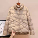 New Korean Fashion Elegant Women Padded Cotton Coats Stand Collar Single Breasted Parkas Solid Long Sleeve Warm Jackets-Outfit