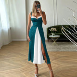 Fongt Summer New Splice Sling Dress Temperament Closed Waist Elegant Dress-Outfit