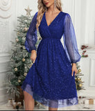 Fongt New V-Collar Elegant Slim Solid Color Stitching Mesh Perspective Sprinkling Powder Dress Female-Outfit