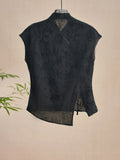 Chinese Style Cheongsam Blouse Black Jacquard Shoulder Short-Sleeved T-Shirt 2024 New Summer Vintage Blouse-Outfit