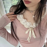 Girls Sexy Lace Straps Tight Show Thin Knitted Long Sleeves Two-Piece Set 2024 Pure Sweet Wind Blouse