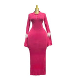 Fongt Fashion Temperament Plain Knitted Pit Long Sleeve Feathers Collar Long Dress Female Elegance