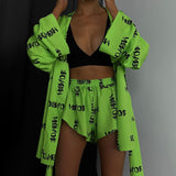Fongt New Loose Print Women's Casual Tie Long Sleeve Pajamas High Waist Shorts Set Home Clothes-Outfit