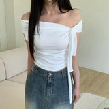 Word Solid Color Irregular Bandage And Knot On The Shoulder Is Sexy In Summer, Wrinkled And Skinny T-Shirt.-Outfit