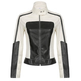 Color Block Zipper Faux Leather Moto Jacket-Outfit