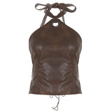 Fongt Retro Brown Leather Ring Decoration Hanging Neck Vest Sexy Back Strap Strap Short Top