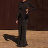 Fongt New Women's Long-Sleeved Folded Splicing Thin Dress Dress Dress