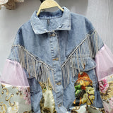Womens Cartoon embroidery mesh patchwork denim jacket 2021 Woman Lantern puff Sleeve diamond tassel Jackets Female Denim