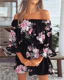 Fongt Sexy Fashion One-Word Shoulder Print Dress Women's Spot-Outfit
