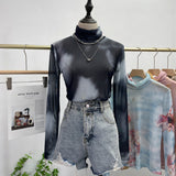 Autumn Single-Layer Mesh Base T Shirt Girls Printed Full Sleeve Turtleneck Tees Slim Women See Through Tshirts-Outfit