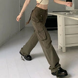 Low Waist Y2K Cargo Jeans Women Grunge Streetwear Oversize Parachute Pants Female Pockets Retro 90s Beige Denim