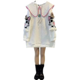 Japanese Cute Cat Embroidery Peter Pan Collar Oversized Sweatshirt Students Girls Black White Pullover Korean Kawaii Clothes-Outfit