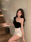 Fongt Hottie Strap Half Sleeve T-Shirt Female 2023 Summer Design Sense Unique Chic Slim Back Short