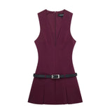 Fongt Women's Clothing 2025 Autumn And Winter New Waist Bandwidth V-Neck Sleeveless Checker Mini Dress