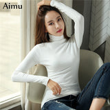 spring Women T-shirts harajuku Turtleneck solid Full Sleeve base Top t-shirt autumn casual slim Bottoming t shirt