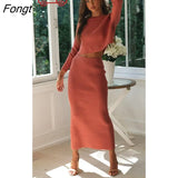 Autumn and Winter Fashion Round Neck Long Sleeve Sweater Dress Knitted Split Skirt Womens Two Peice Sets Fall Outfits