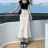 Fongt 2024 New Vintage High-Waisted Denim Skirt Female Medium Long A-Line Hip Fishtail Skirt-Outfit