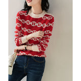 Fashion O-Neck Graphic Printing Knitted Long Sleeve Pullovers for Women 2023 New Design Casual Women Sweater Korean