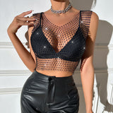 Fongt Nightclub Dresses Fishnet Hollow Out Rhinestone Vest Mesh Flash Diamond Sling Top
