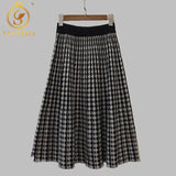 New Autumn And Winter vintage Stretch High Waisted Midi Pleated Houndstooth Printed Knitted Skirt For Women Runway