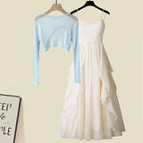 Women Summer Two Pieces Set Korean Knitted Hollow Out Irregular Sunscreen Top And Ruffles Patchwork Chiffon Dress