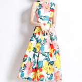 Fongt Retro Round Neckless Position Printing Dress Women's Summer Waist Thin Temperament Waist Swing Vest Skirt