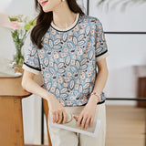 Fongt Shot Jacket Female Round Collar Short Sleeve 2023 Summer New Show Thin Print Simulation Silk Zou Temperament Half Sleeve T-Shirt-Outfit
