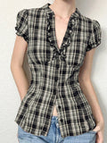 Fongt Cloth Forget British Wind Wood Ear V-Neck Check Shirt Temperament Waist Button Bubble Sleeve Top