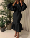 Commute Plus Size Women's Fashion Solid Color V-neck Bubble Long Sleeve Fishtail