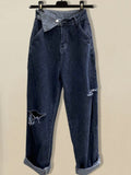 Women Two Pieces Sets Streetwear Harajuku Long Sleeve Square Collar Top And Hollow Out Vintage Denim Pants