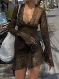 Lace V Neck Trumpet Sleeve Mini Dress-Outfit