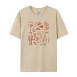 Retro Italian Seafood Print T-Shirt-Outfit