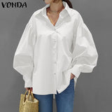 Shirts Casual Lantern Sleeve Turn-down Collar Blouse 2022 VONDA Vintage Solid Tops Female Office Ladies Shirts