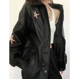 Vintage Embroidered Star Pu Leather Jacket-Outfit