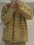Hooded Striped Long Sleeve Knit Cardigan-Outfit