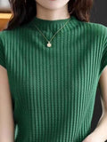 Summer New Half-High Collar Knitted Short-Sleeved Women's Thin T-Shirt With Loose Knitted Half-Sleeved Vest
