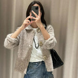 Fongt Explosive Women's Artificial Fur Belt Flower Button Knitted Cardigan