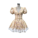 Gentle Photo Photo Small Beautiful Bow Garden Print V Collar Bubble Short Sleeves To Pick Up The Waist Fluffy Dress