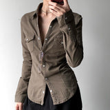 Retro Pleated Lapel Breasted Slim Fit Denim Shirt For Women-Outfit