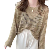 New Lazy Wind Round Collar Hollowed-Out Hook Flower Long-Sleeved Sweater Sunscreen Clothing-Outfit