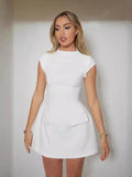 Fongt Spring And Summer New Women's Pure Color Round Neck Pocket Design Waist Repair Dress