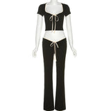 Black Ribbon Tie-Up Top And Pants Two Piece Set-Outfit