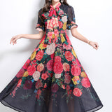 Fongt Famous Bow Tie With Lantern Sleeve High-Rise Dress Female Thin Elegant Print Dress